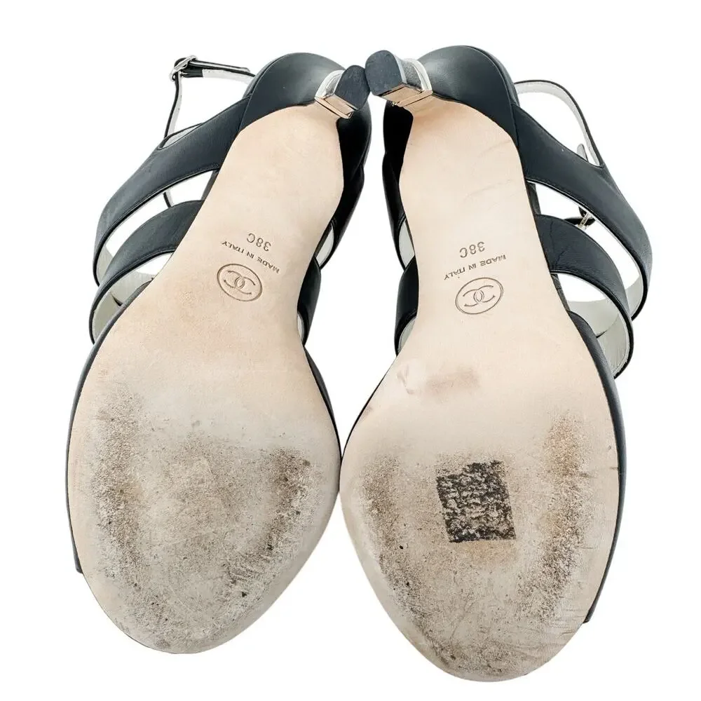 Chanel Cruise 2019 CC Logo Caged Leather Ankle Strap Heel Sandals size 38C US7